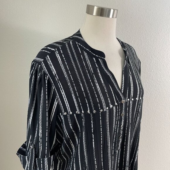 Cocomo Woman Plus 2X Black White Striped Tunic Blouse Stretch Roll Tab Sleeve - Picture 2 of 10